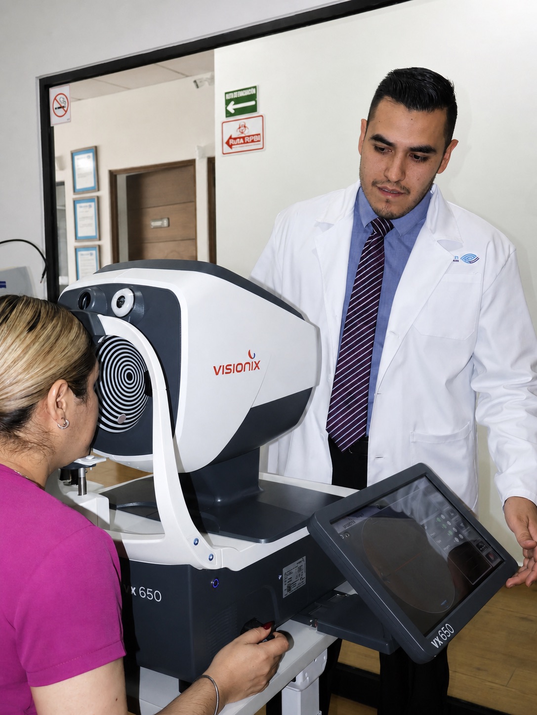 Dr. Roberto López utilizando equipo oftalmológico